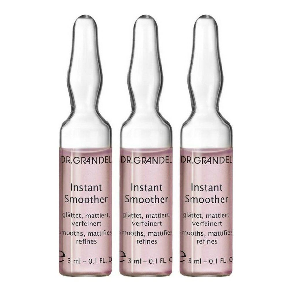 Drei Ampullen mit rosa Flüssigkeit. Aufschrift: DR. GRANDEL, Instant Smoother. 3 ml.