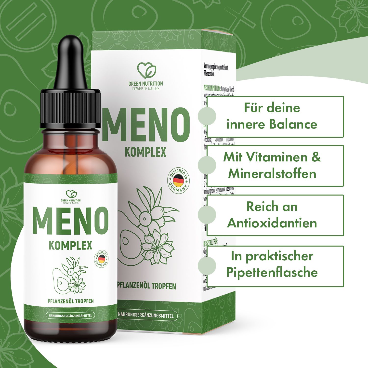 Braune Glasflasche mit Tropfer und Karton. Aufschrift: Meno Komplex. Text: Für innere Balance, mit Vitaminen & Mineralstoffen, reich an Antioxidantien.