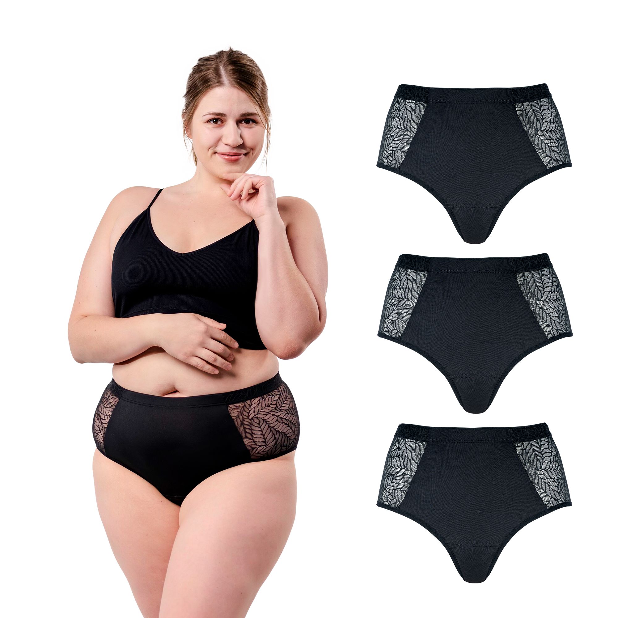 Periodenunterw�sche Recycled Lace Leaf High Waist (3er Multipack)