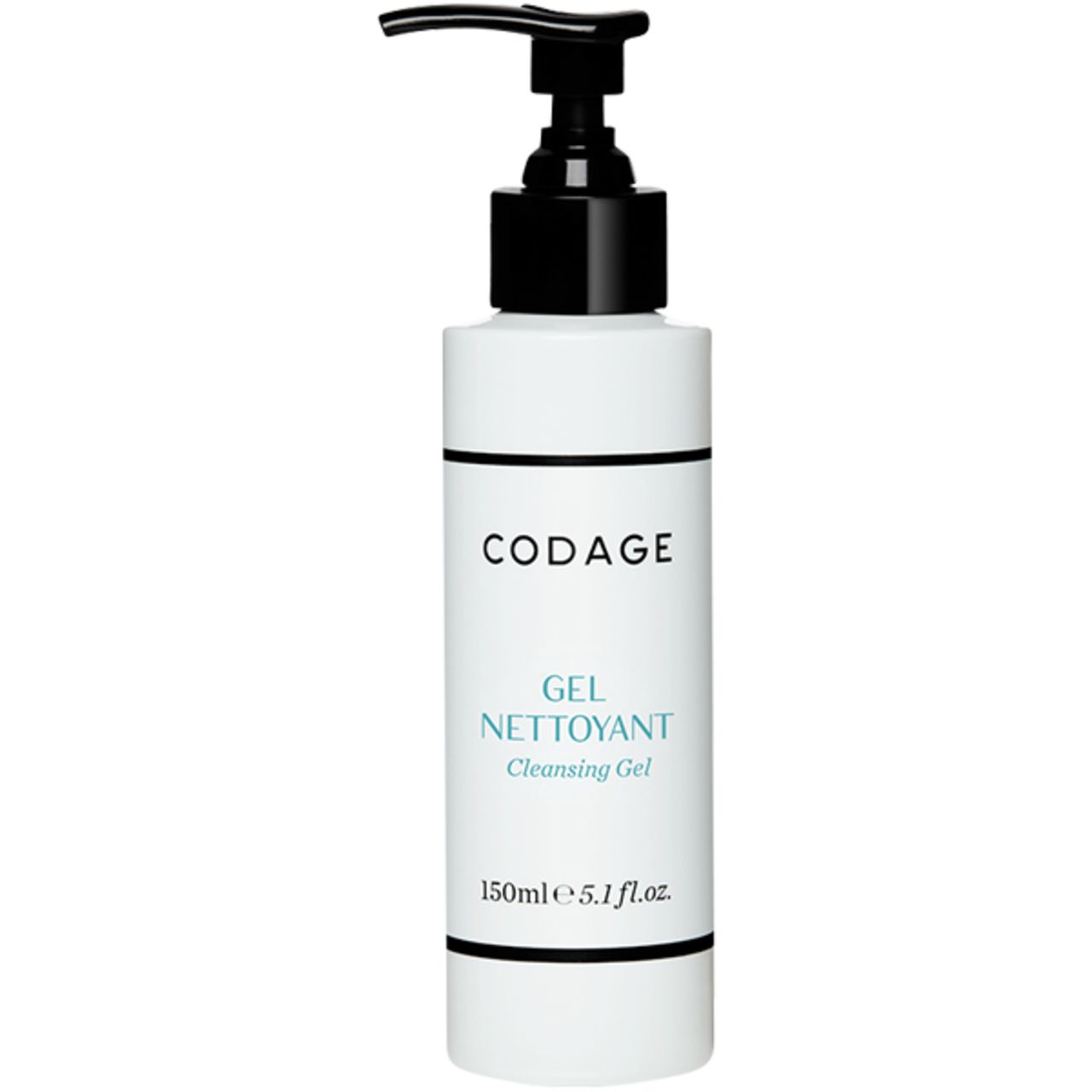Weiße Flasche mit schwarzem Pumpkopf. Aufschrift: CODAGE, Gel Nettoyant, Cleansing Gel. Schwarze Linien oben und unten.