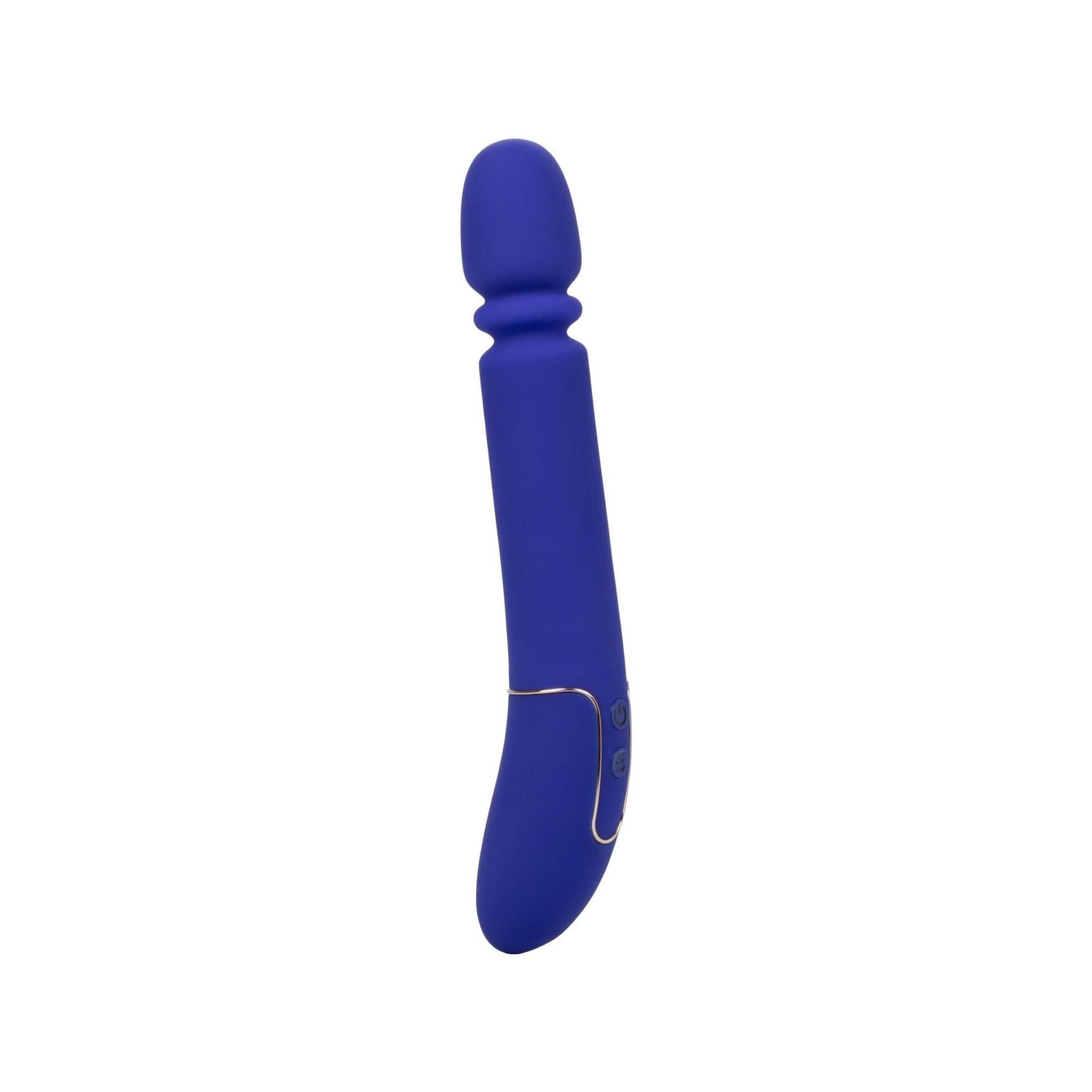Blauer Vibrator mit abgerundetem Kopf und gebogenem Schaft. Goldfarbene Akzente und Bedienelemente.