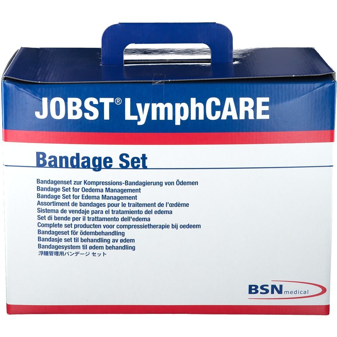 Blauer Karton mit Griff. Aufschrift: JOBST LymphCARE, Bandage Set. Mehrsprachige Texte zur Anwendung bei Ödemen. BSN medical Logo.