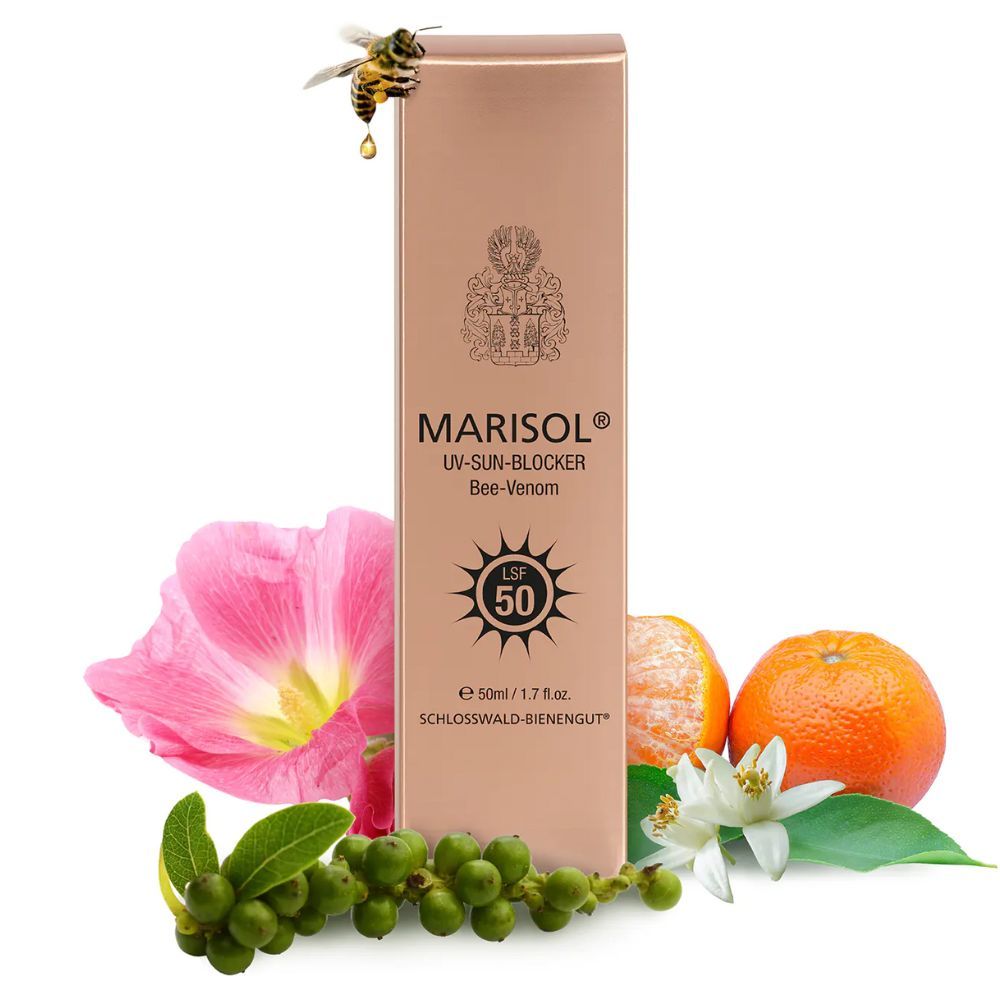 Sonnencreme-Verpackung. MARISOL UV-Sun-Blocker LSF 50. Text: Bee-Venom, SchlossWald-Bienengut. Dekoration: Blumen, Früchte, Biene.