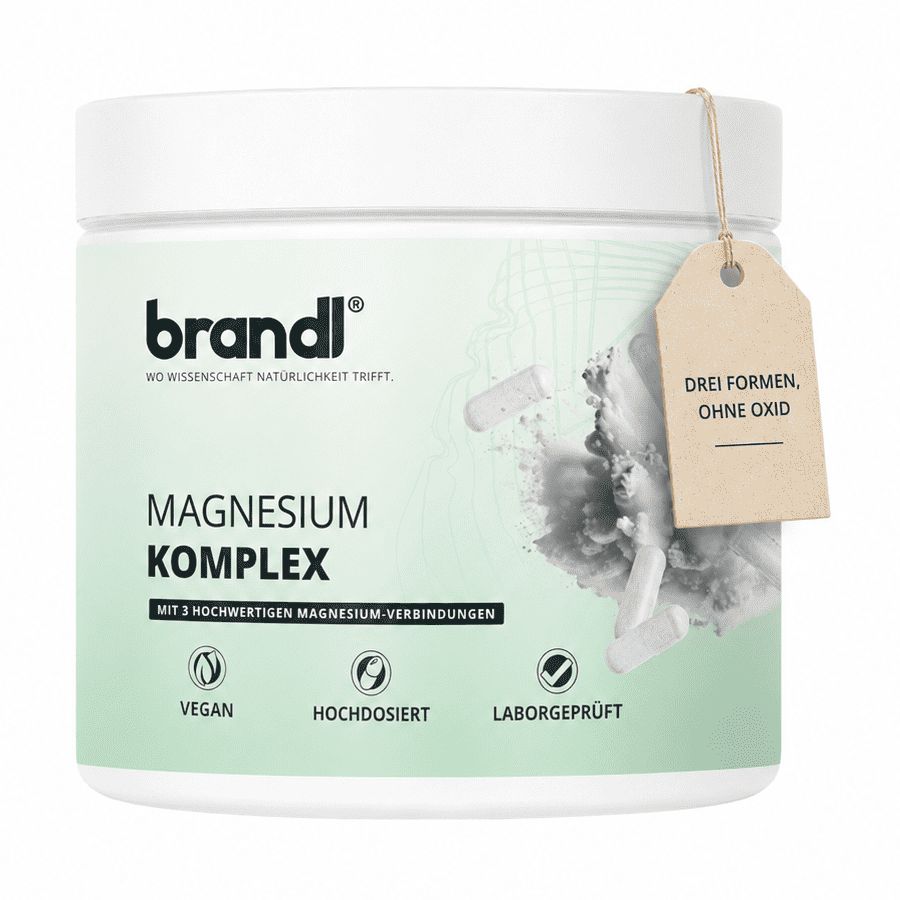 Magnesium-Komplex Dose mit Etikett 'Drei Formen, ohne Oxid', vegan, hochdosiert, laborgeprüft.