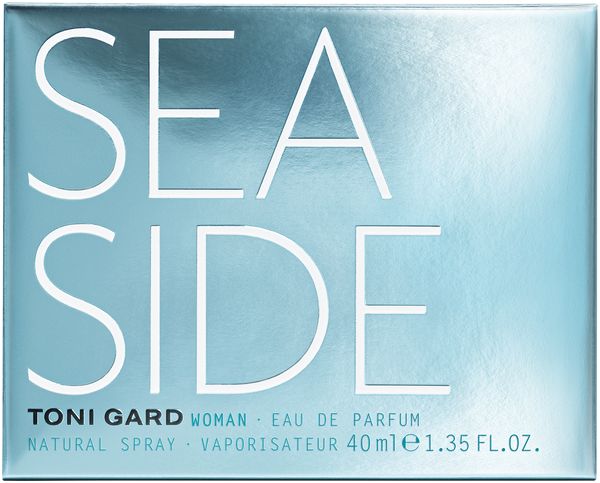 Hellblaue Verpackung mit Aufschrift SEA SIDE. Darunter TONI GARD WOMAN Eau de Parfum.