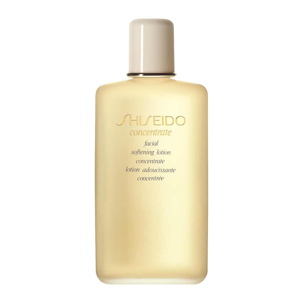 Beige Flasche mit weißem Deckel. Aufschrift: Shiseido, Concentrate, facial softening lotion concentrate.