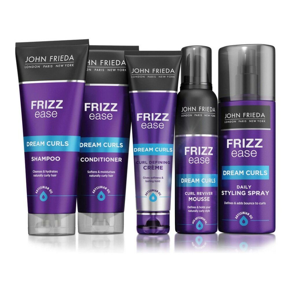 Fünf John Frieda Frizz Ease Produkte. Enthalten Shampoo, Conditioner, Creme, Mousse und Spray. Lila Verpackung.