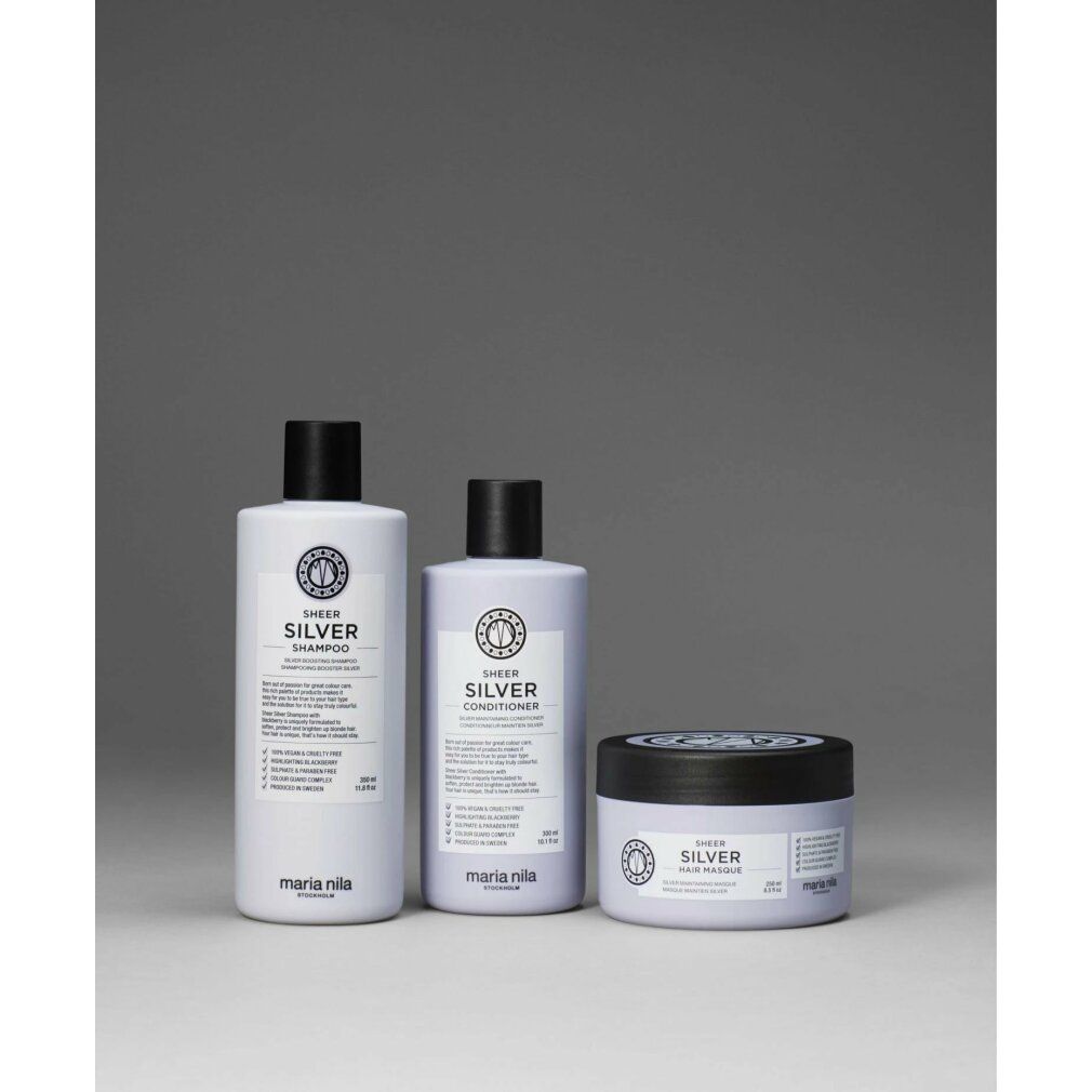 Maria Nila Sheer Silver Shampoo, Conditioner und Haarmaske.