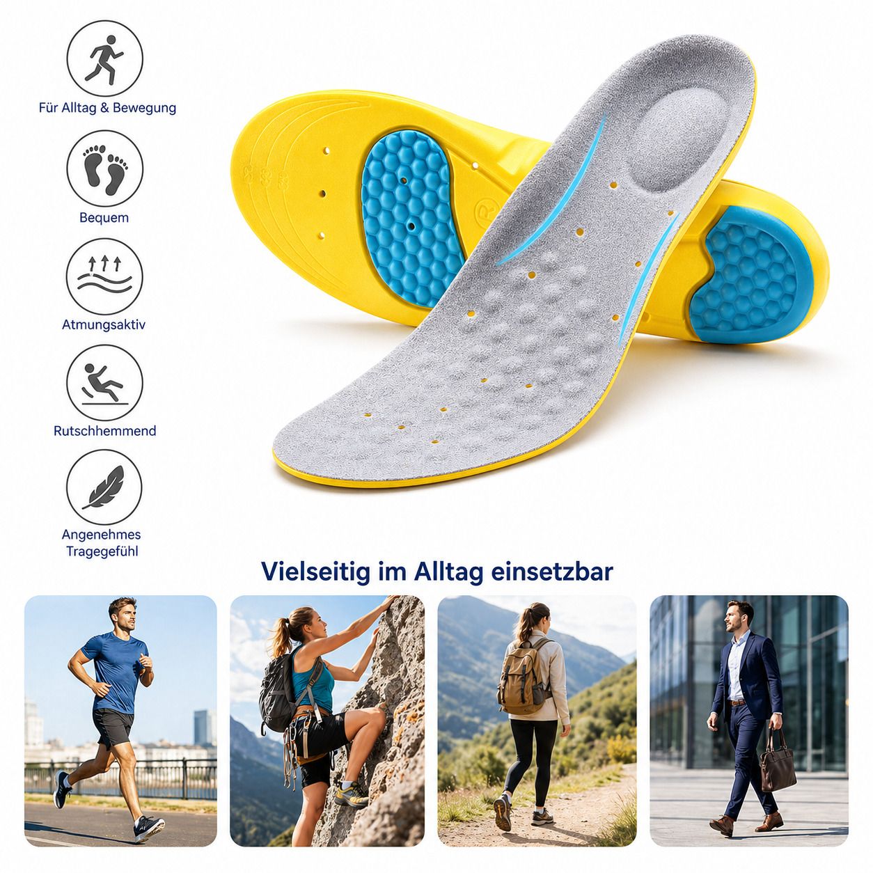 3D Einlegesohlen mit Gel Dämpfung, atmungsaktiv & zuschneidbar für Alltag & Sport