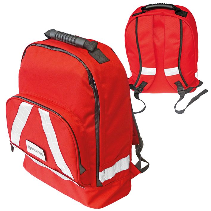 Roter Notfallrucksack mit weißen Streifen und Reflektoren. Schwarze Tragegriffe und Schultergurte. Logo ratiomed.
