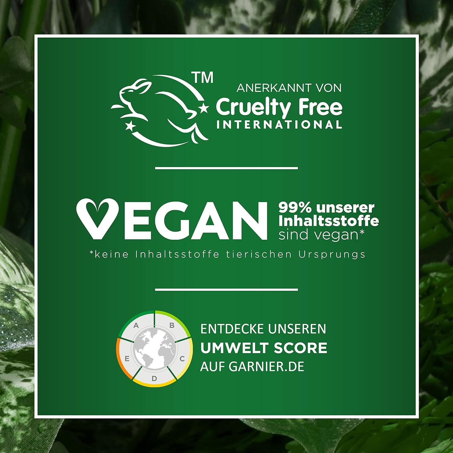 Grüner Hintergrund mit Text: Vegan, Cruelty Free International. Umwelt Score. Logo: Hase.
