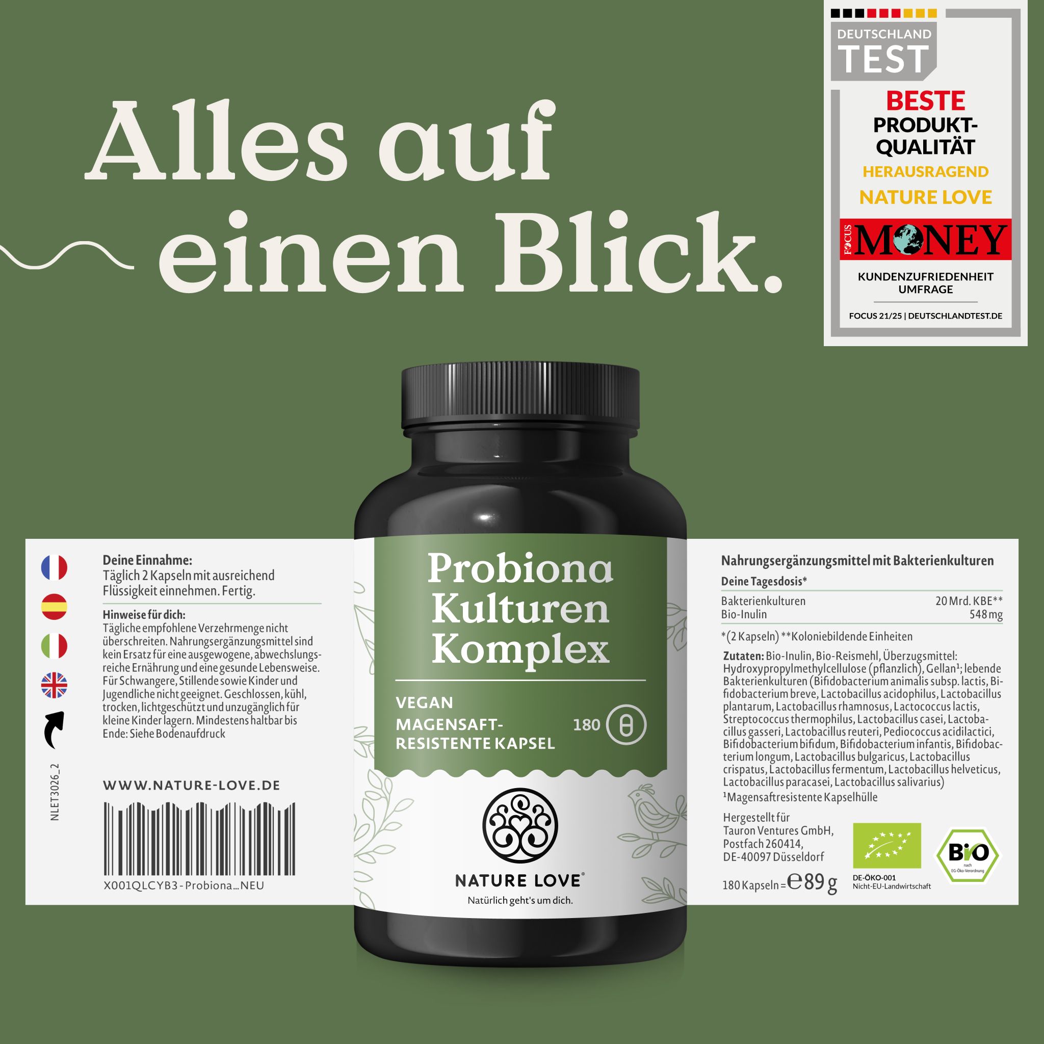 NATURE LOVE Probiona Kulturen Komplex Flasche mit Etikett: 180 magensaftresistente Kapseln.