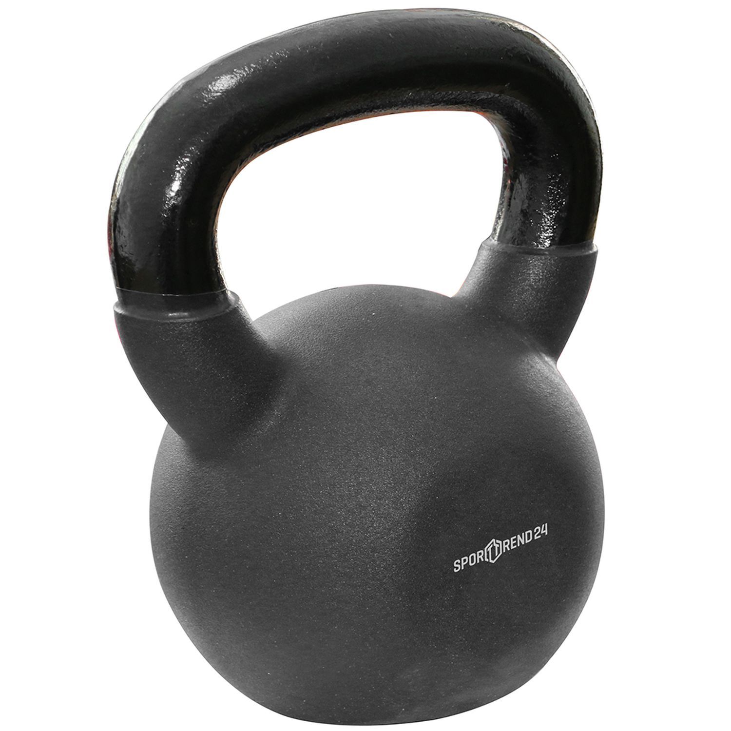 Schwarze Kettlebell mit schwarzem Griff. Sporttrend24-Logo. Kugelförmiger Körper mit Griff.