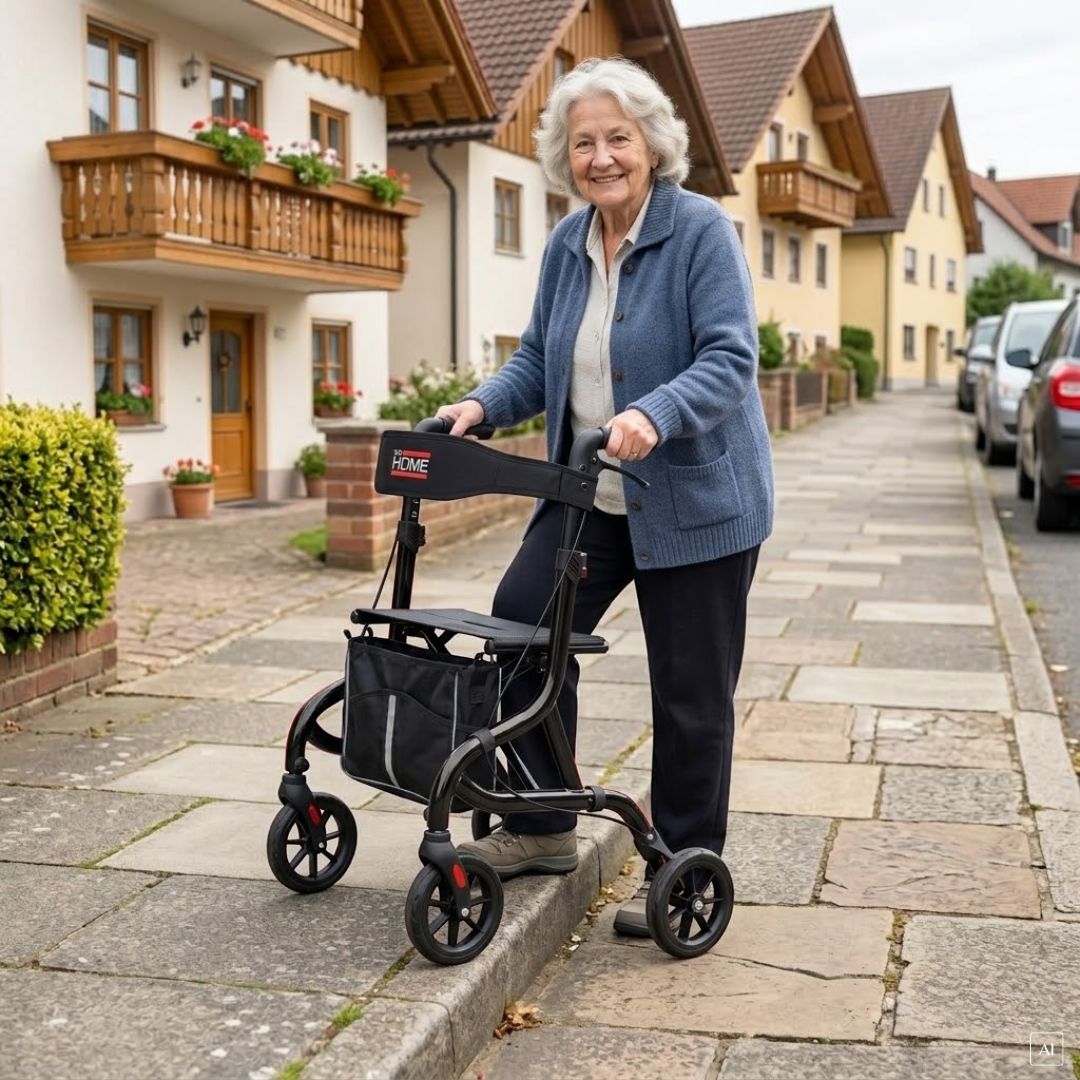Schwarzer Rollator mit Sitz und Tasche, von einer älteren Frau auf einem Gehweg benutzt.