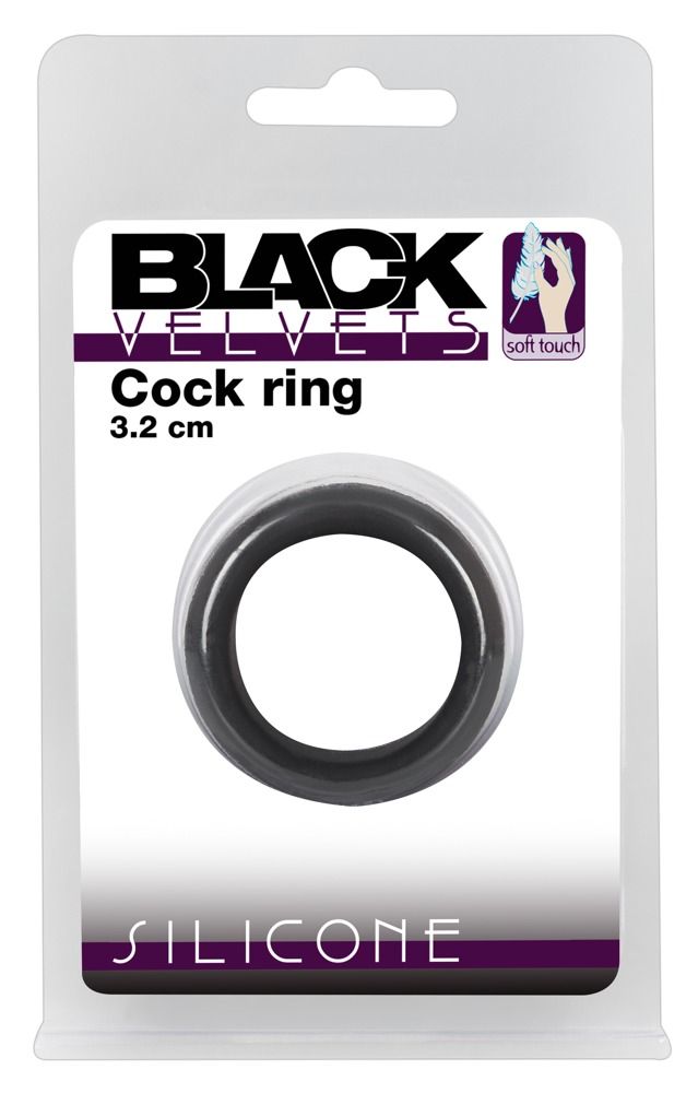 Verpackung mit schwarzem Penisring. Marke: Black Velvets, Cock ring, 3.2 cm.