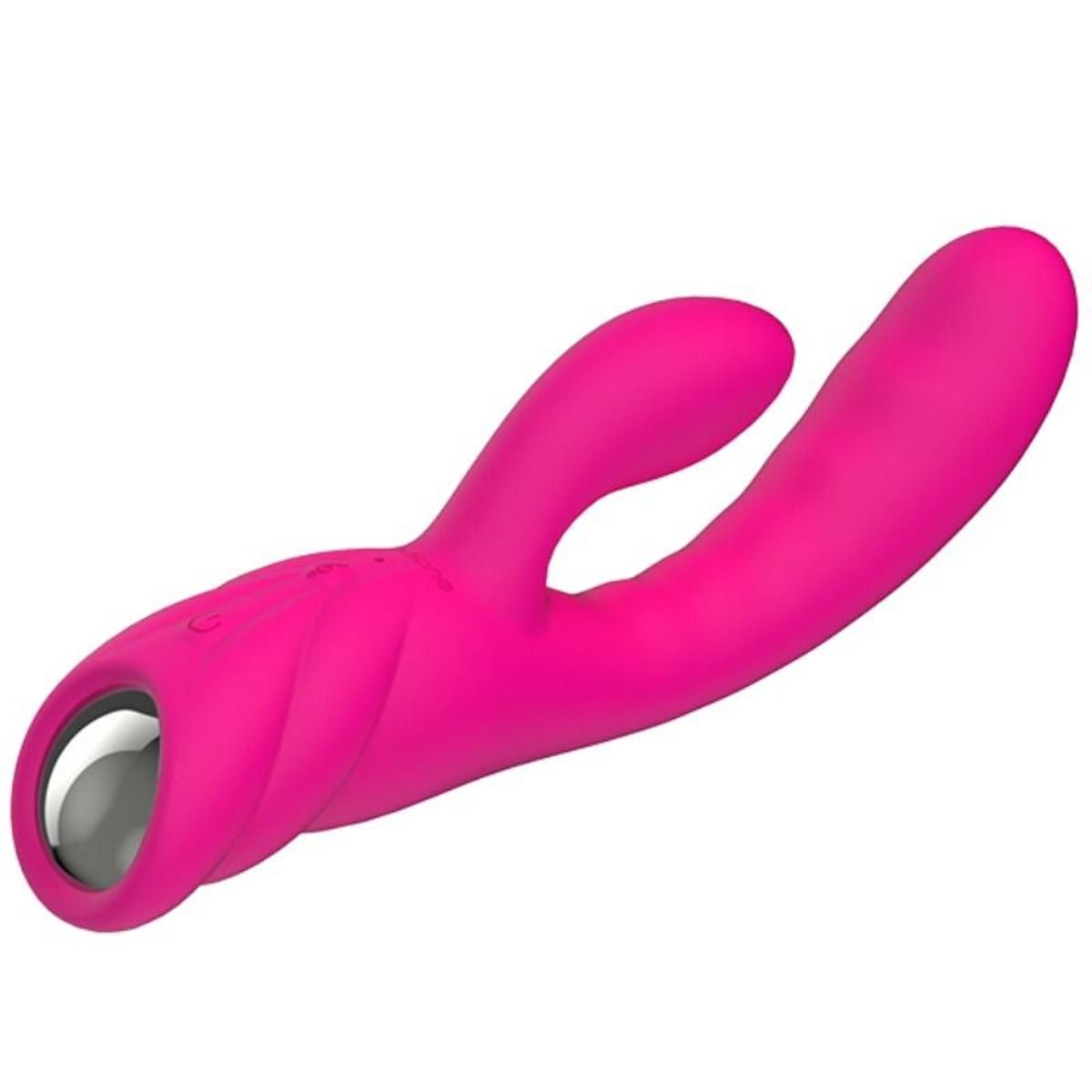 Pinkfarbener Vibrator mit gebogener Form und zwei Ausläufern. An einem Ende befindet sich eine silberfarbene Kugel.