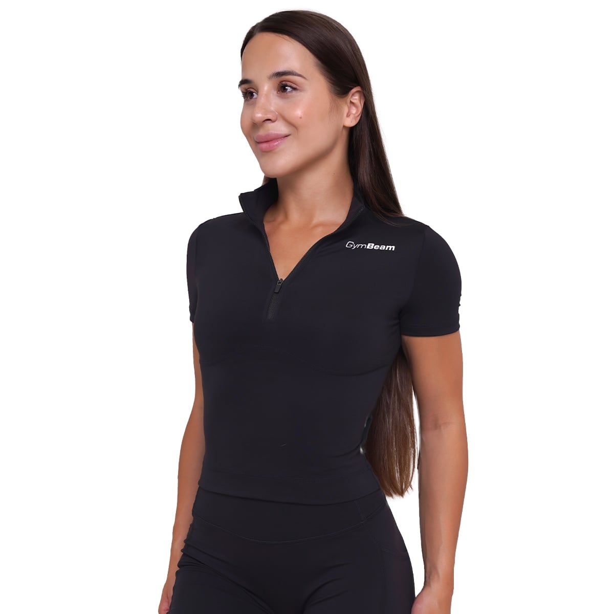 GymBeam Damen Cropped T-Shirt Ignite Slim mit Kragen und Reißverschluss Schwarz