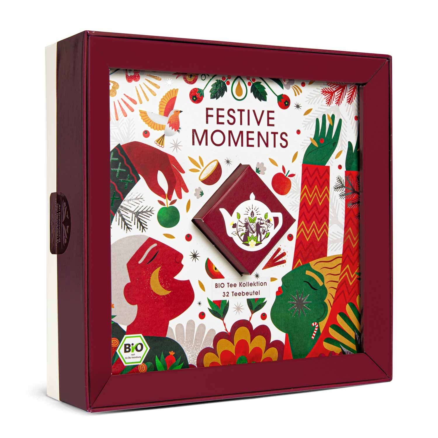 Geschenkbox mit Tee. Aufschrift "Festive Moments". BIO Tee Kollektion, 32 Teebeutel. Rote Box mit Illustrationen.