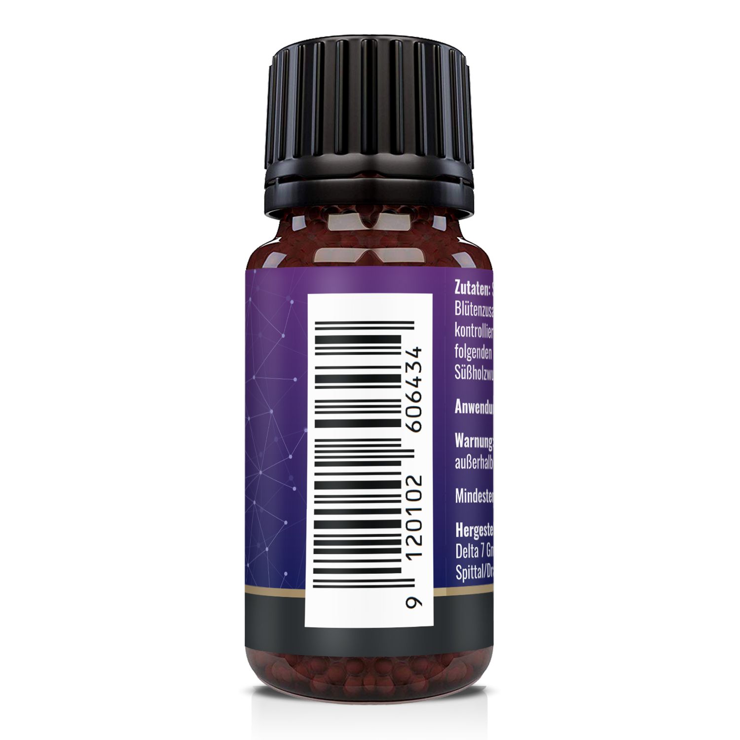 Rückseite der Flasche. Barcode und weitere Informationen. Hersteller: Delta 7 GmbH, Tiroler Straße 8, AT-9800 Spittal/Drau.