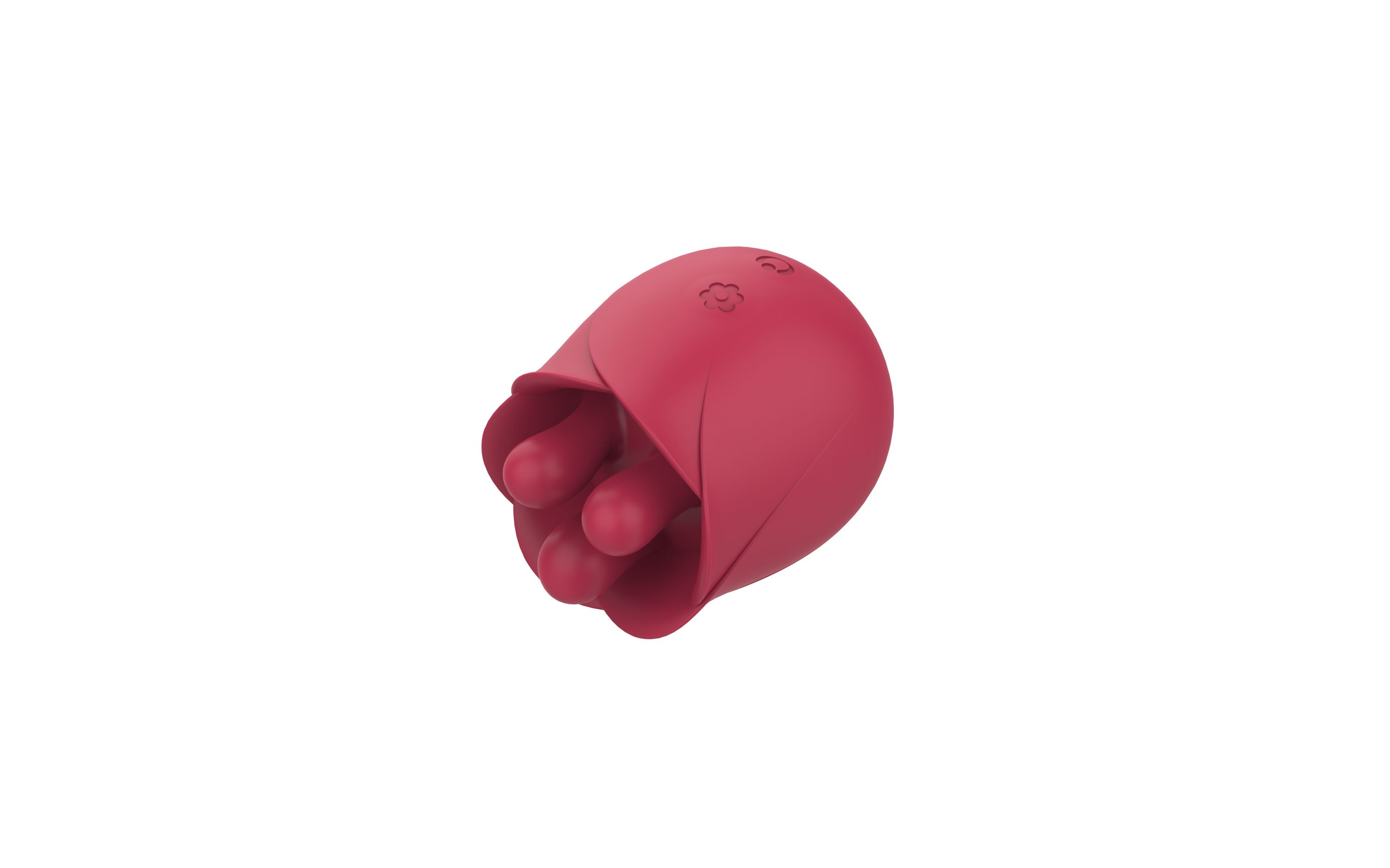 Roter, blütenförmiger Vibrator. Drei runde Elemente ragen aus der Mitte hervor. Das Produkt ist auf weißem Hintergrund abgebildet.