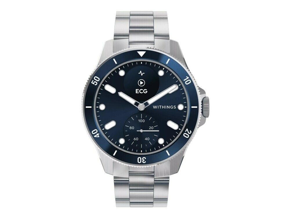 Uhr mit blauem Zifferblatt und Edelstahlarmband. Mit ECG-Funktion und Withings-Logo. Runde Form mit Ziffernblatt und Zeigern.