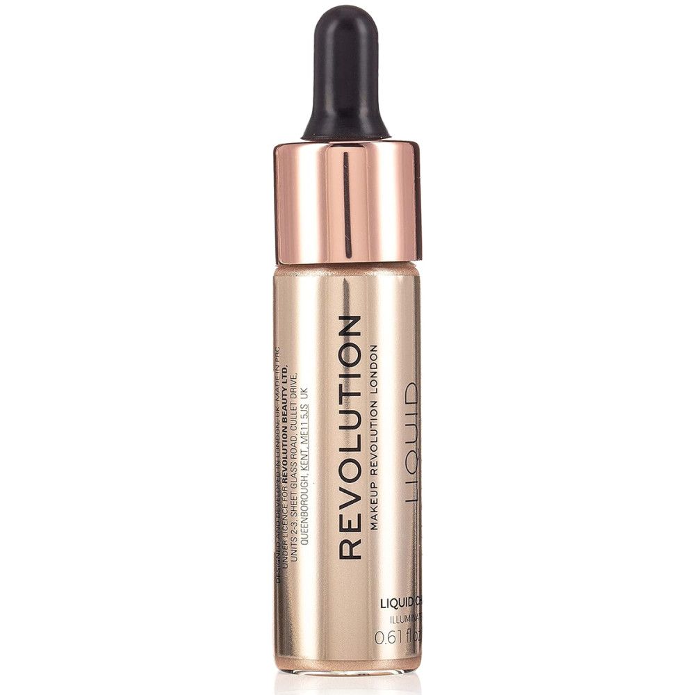 Flüssiger Highlighter in einer Glasflasche mit Pipette. Goldfarbene Flüssigkeit, roségoldener Deckel. Marke: Makeup Revolution.