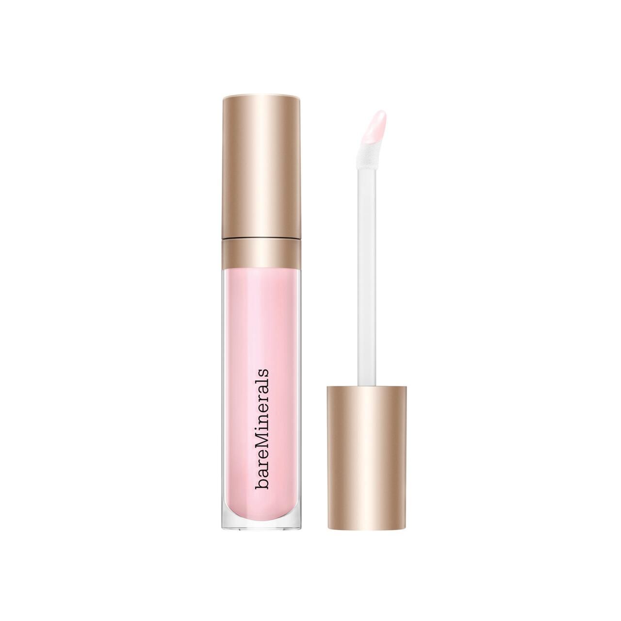 Lipgloss-Tube mit goldfarbenem Deckel und Applikator. Der transparente Behälter zeigt einen rosa Inhalt. Der Markenname ist aufgedruckt.
