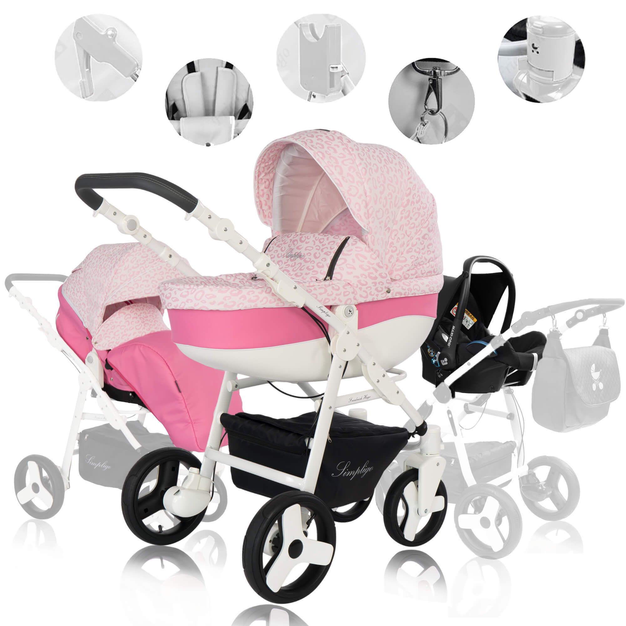 Friedrich Hugo Simpligo 3 in 1 Kinderwagen mit original Maxi Cosi, Leopard Pink (Stoff)