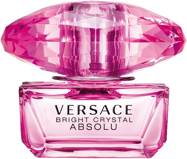 Rosa Parfumflasche mit Kristallverschluss. Aufschrift: Versace Bright Crystal Absolu. Eckige Form.