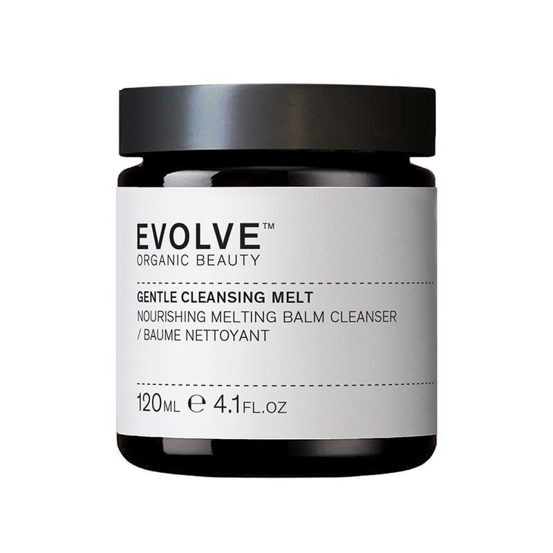Schwarzes Glas mit Deckel. Auf dem Etikett steht "EVOLVE ORGANIC BEAUTY", "GENTLE CLEANSING MELT" und "120ml e 4.1FL.OZ".