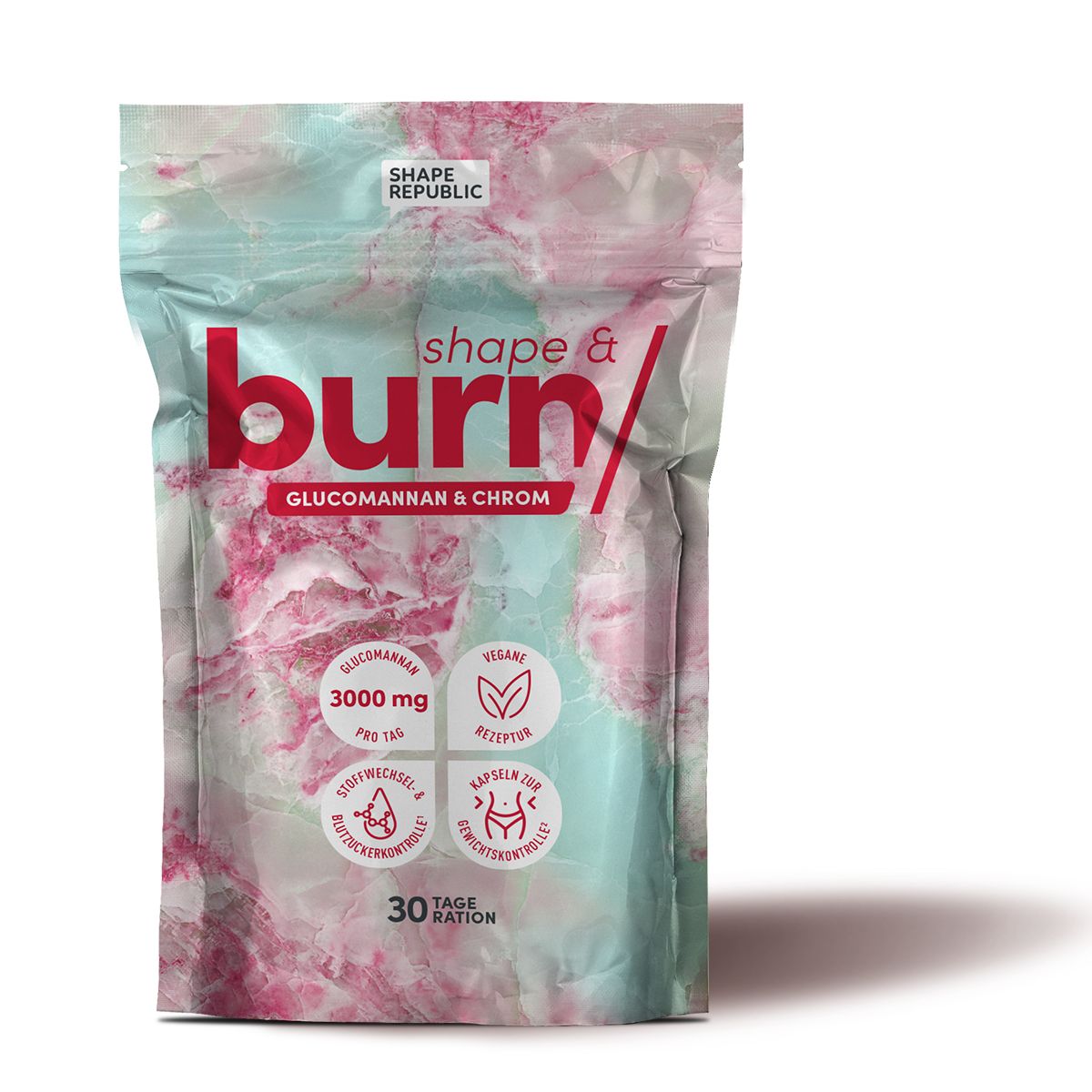 Beutel mit "shape & burn" Aufschrift. Enthält Glucomannan & Chrom. 30 Tagesrationen. Vegan.
