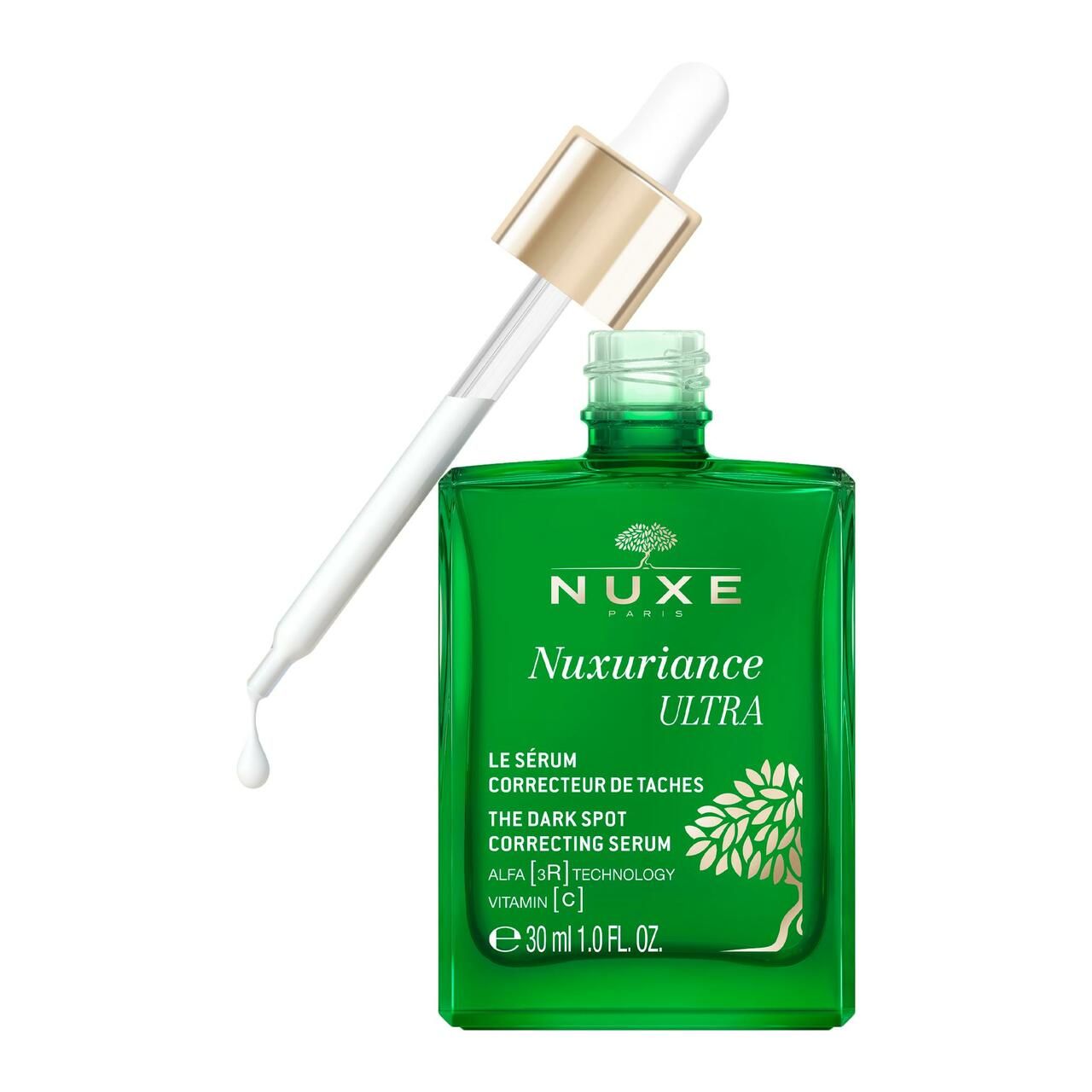 Grüne Flasche NUXE Nuxuriance Ultra Serum. Pipette mit Serum.