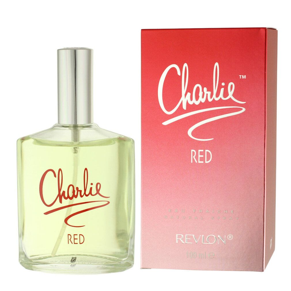 Flakon und Schachtel von Charlie Red Eau Fraiche. Roter Schriftzug auf Glas und Verpackung. Revlon Logo. 100 ml.