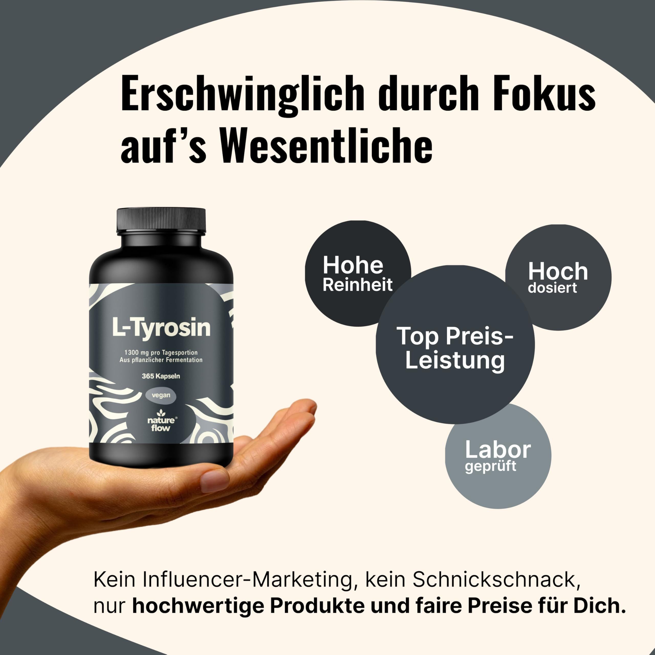 Hand hält L-Tyrosin Kapseln Dose. Hohe Reinheit, Top Preis-Leistung, Labor geprüft.