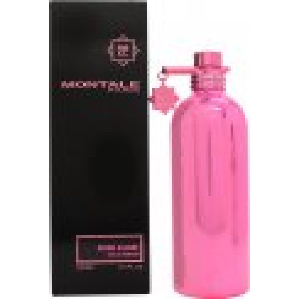 Rosafarbener Flakon mit Sprühkopf und schwarzer Verpackung. Aufschrift: Montale Paris, Rose Elixir Eau de Parfum. 100ml, 3.4 fl. oz.