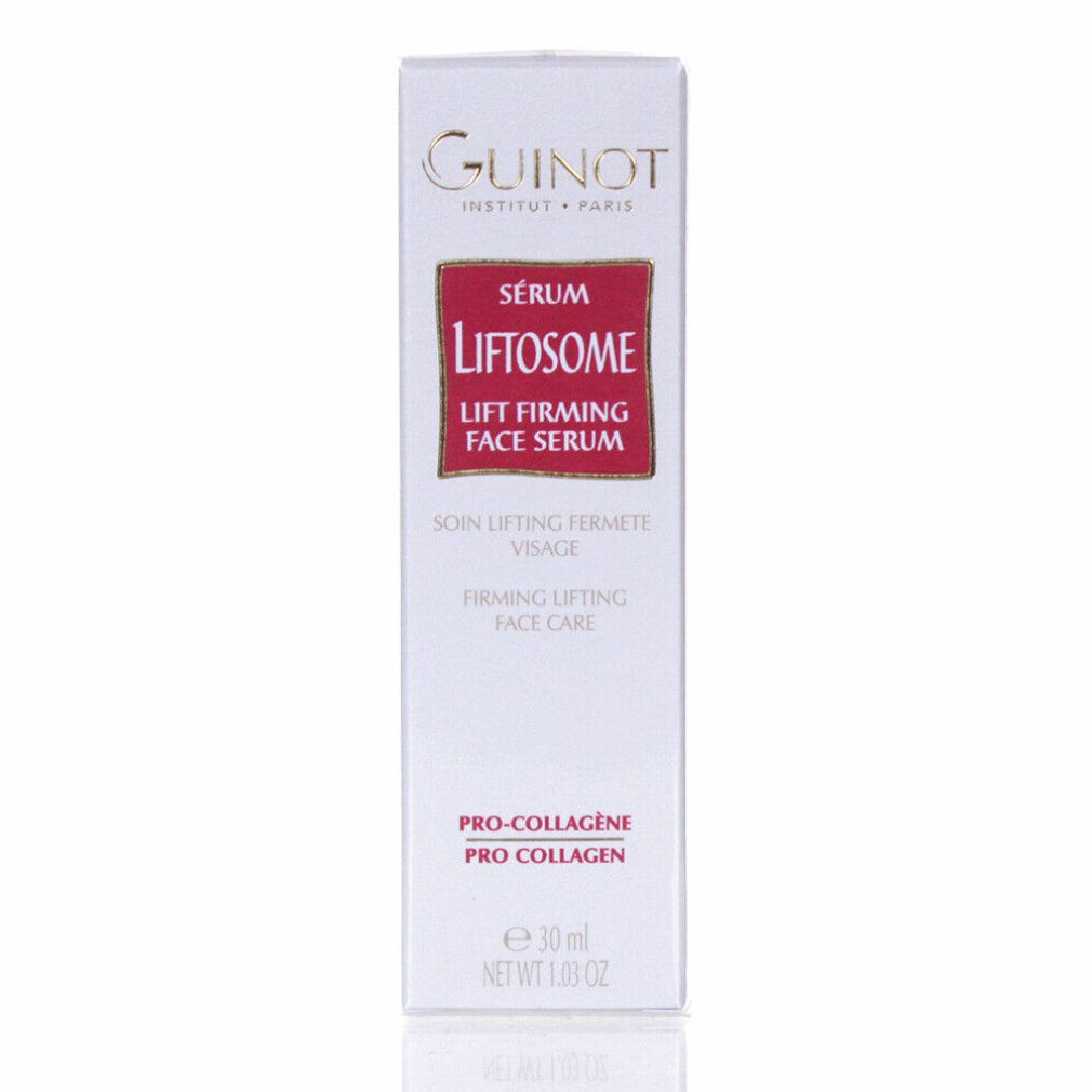 Weißer Karton mit rotem Aufkleber. Aufkleber mit Text: Liftosome, Face Serum. Guinot-Logo. Unten: 30 ml.