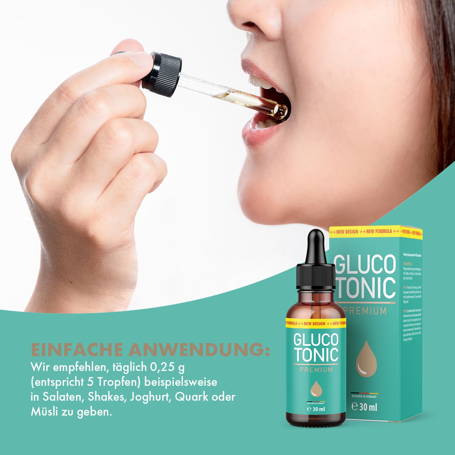 Person nimmt Tropfen aus einer Glasflasche mit Tropfer in den Mund. Daneben Flasche und Verpackung. Aufschrift: GLUCOTONIC PREMIUM.