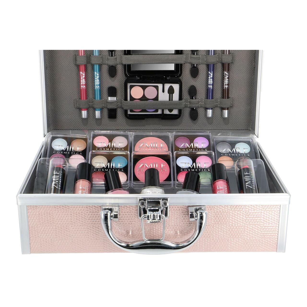 Kosmetik-Koffer, geöffnet, mit Make-up-Produkten. Enthält Lidschatten, Lippenstifte, Nagellacke und Stifte. Marke ZMILE Cosmetics.