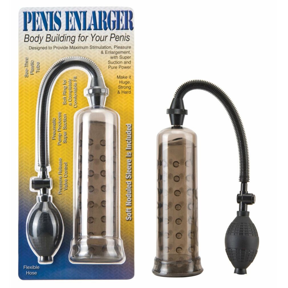Schwarze Penis Enlarger Potenzpumpe. Transparenter Zylinder, flexibler Schlauch und Pumpe. Auf Verpackung.