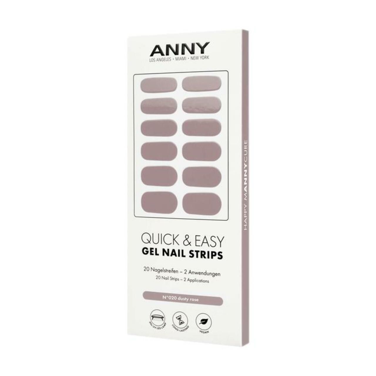 Verpackung mit ANNY Quick & Easy Gel Nail Strips. 20 Nagelstreifen, Farbe Dusty Rose. Mit Logos und Text.