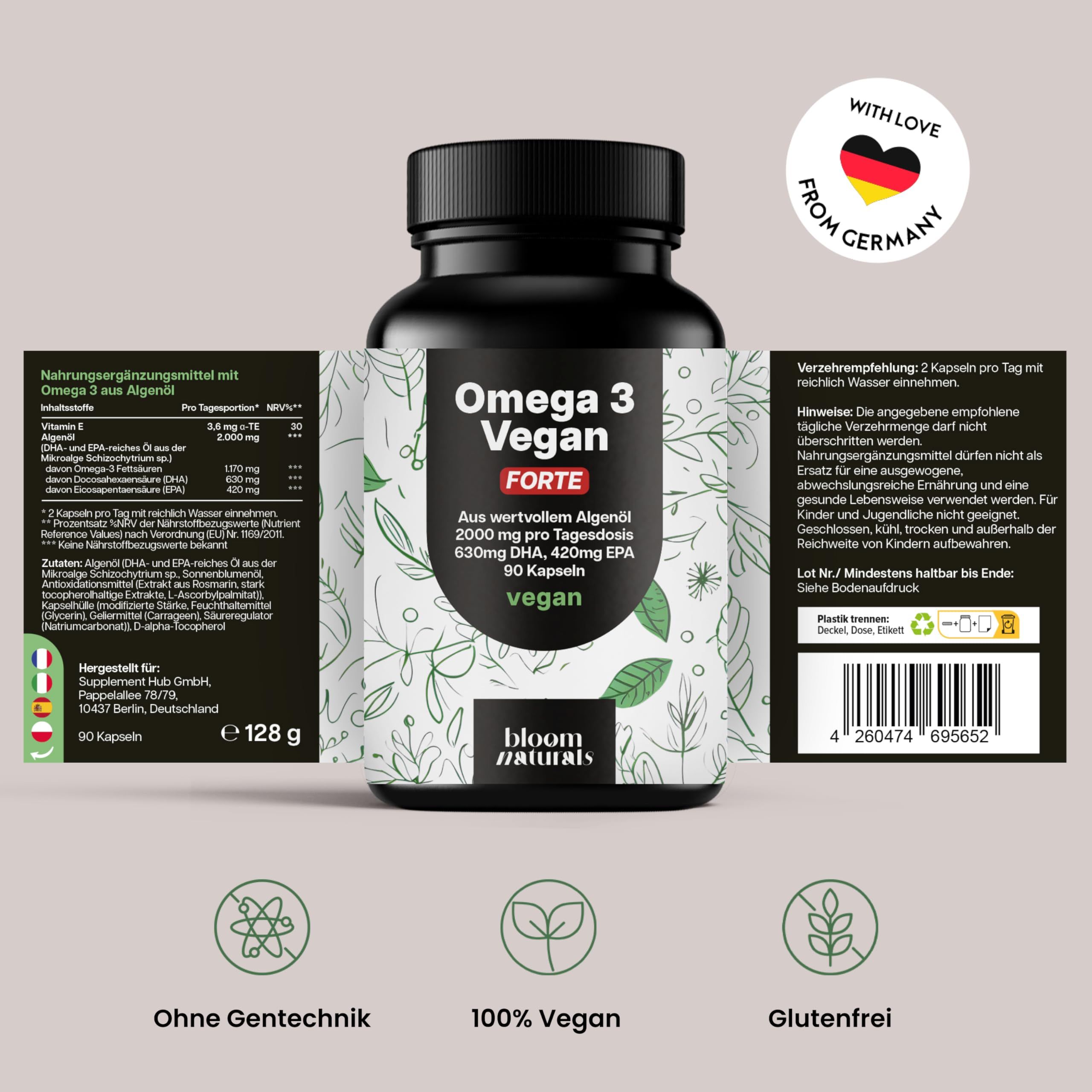 Dose Omega 3 Vegan Forte Algenöl Kapseln, 90 Stück, mit deutschen Qualitätszertifikaten.