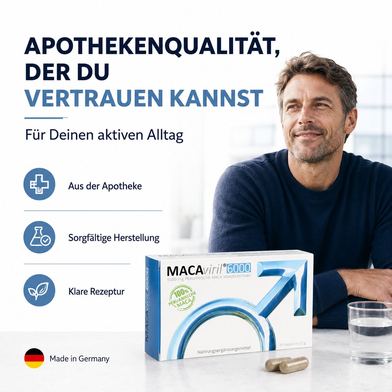 Mann lächelt, MACAviril 6000® Packung, Apothekenqualität, sorgfältige Herstellung, klare Rezeptur.
