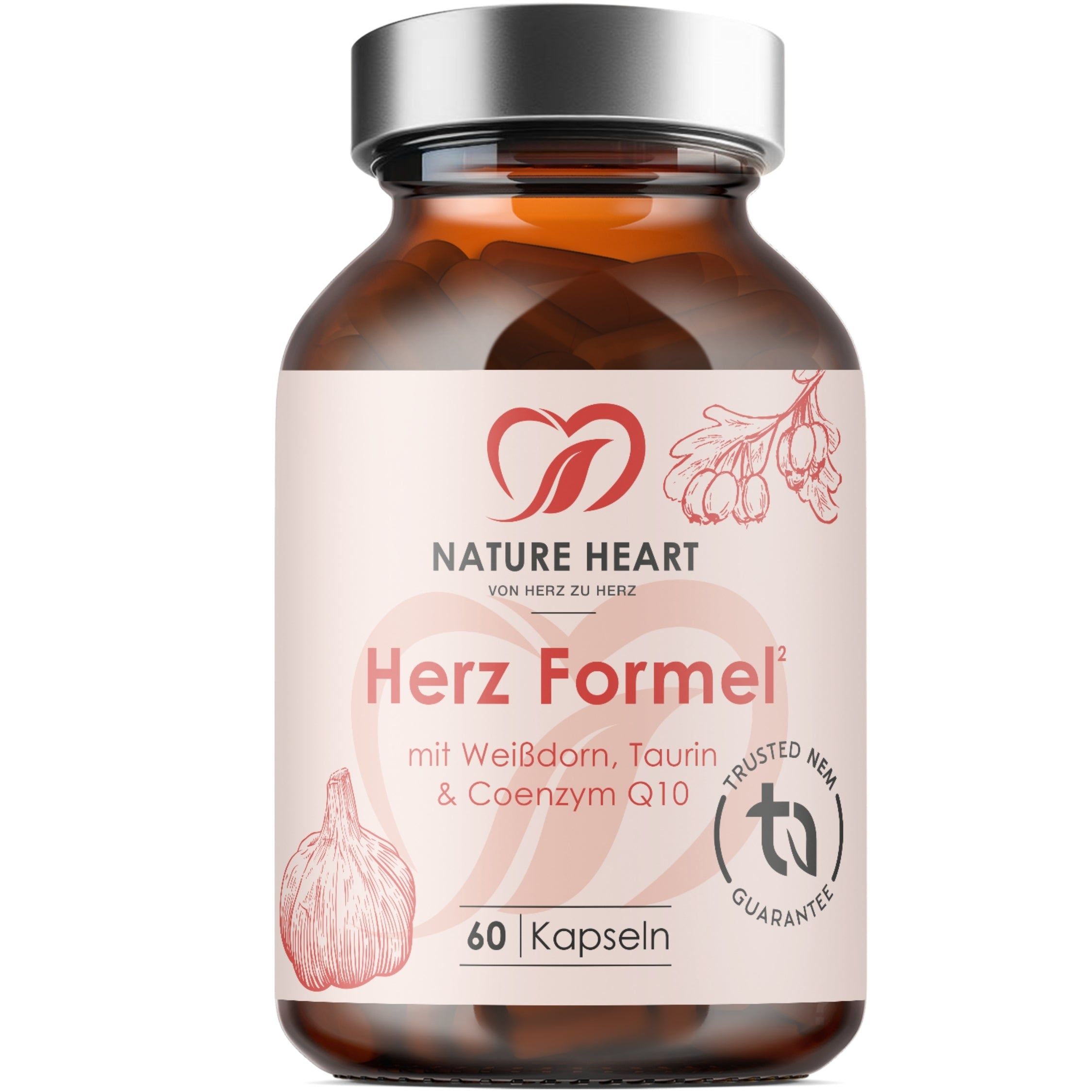 Braunglasflasche mit Nature Heart Herz Formel Kapseln, 60 Stück.
