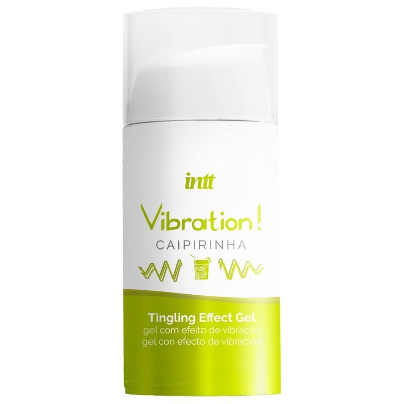 Gel-Flasche mit weißem Deckel. Aufschrift: INTT Vibration! Caipirinha, Tingling Effect Gel. Grün-weißes Etikett.