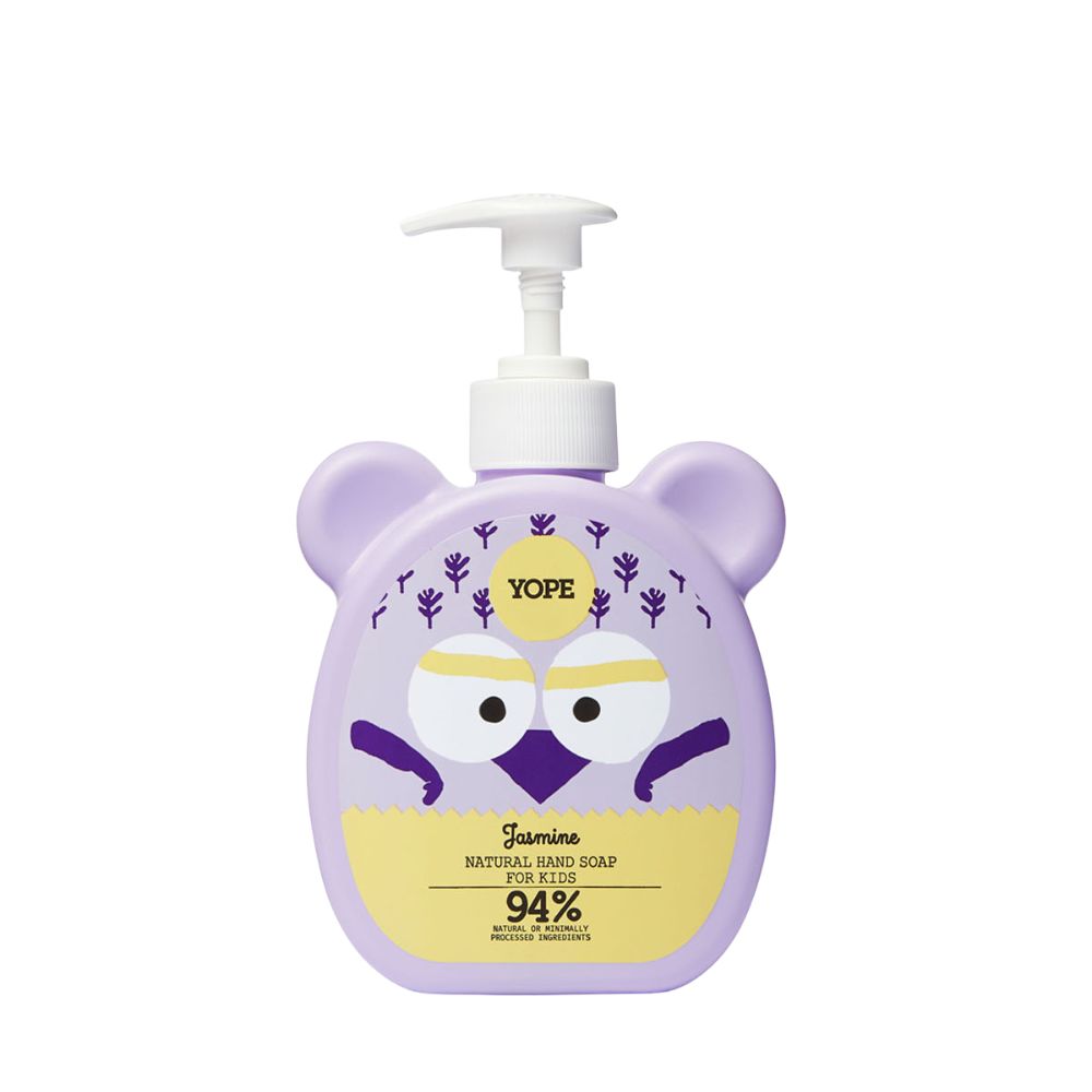 Lila Handseife für Kinder. Flasche in Eulenform mit Spender. Aufschrift: Yope, Jasmine, Natural Hand Soap for Kids, 94%.