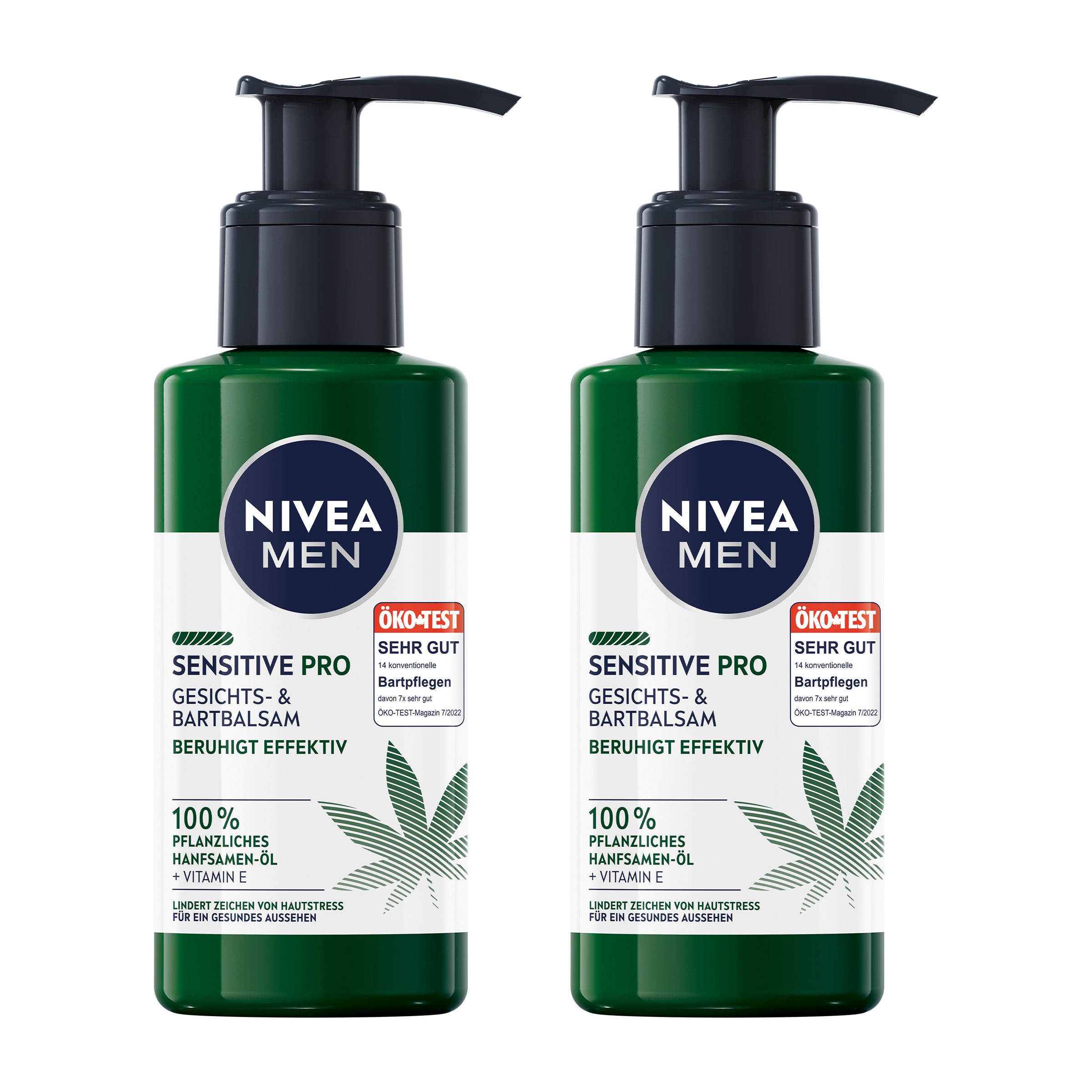 Zwei grüne Flaschen mit schwarzem Pumpkopf. Aufschrift: NIVEA MEN Sensitive Pro Gesichts- & Bartbalsam. Öko-Test Siegel.