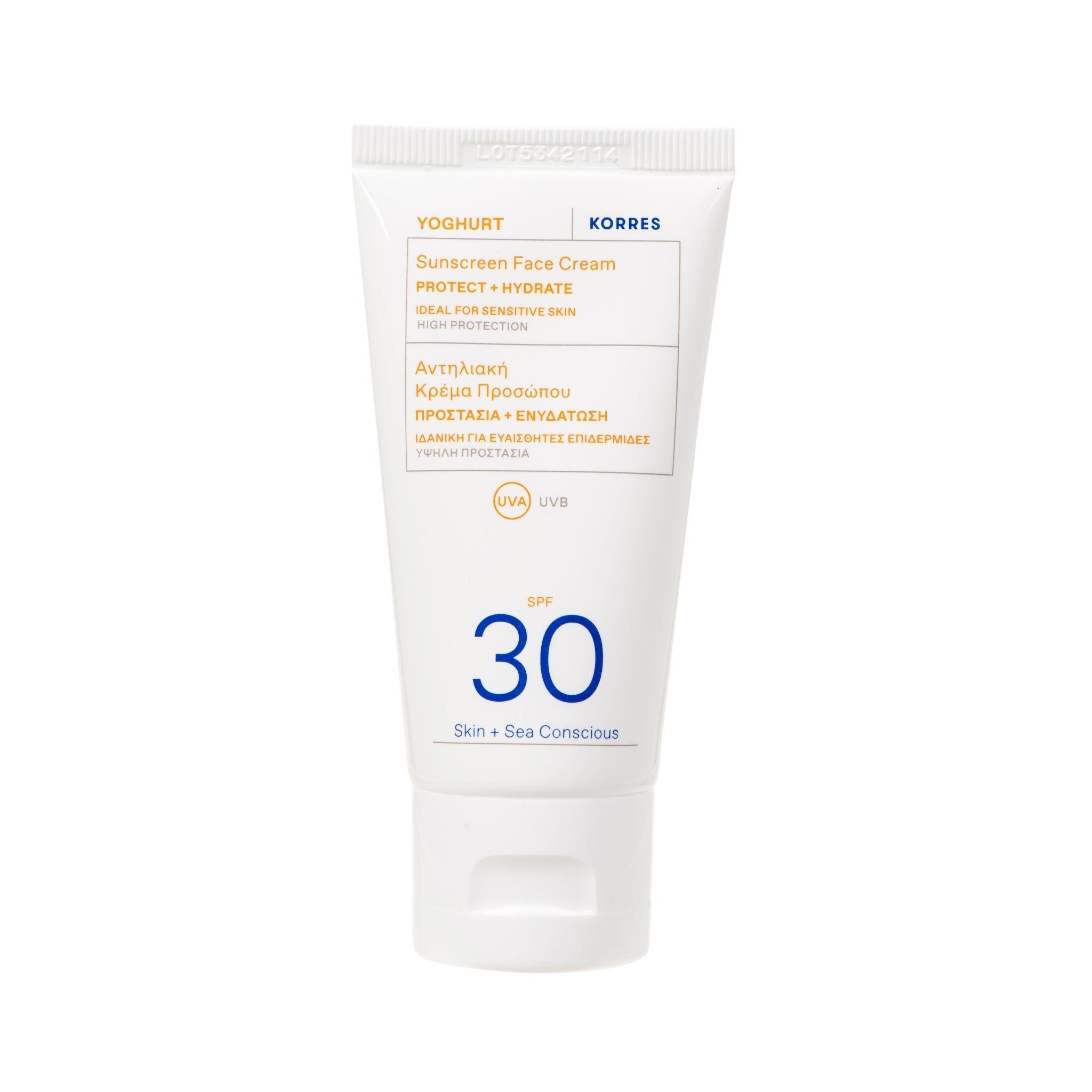 Weiße Tube mit Sonnencreme. Aufschrift: YOGHURT, KORRES, Sunscreen Face Cream, SPF 30. Für empfindliche Haut.