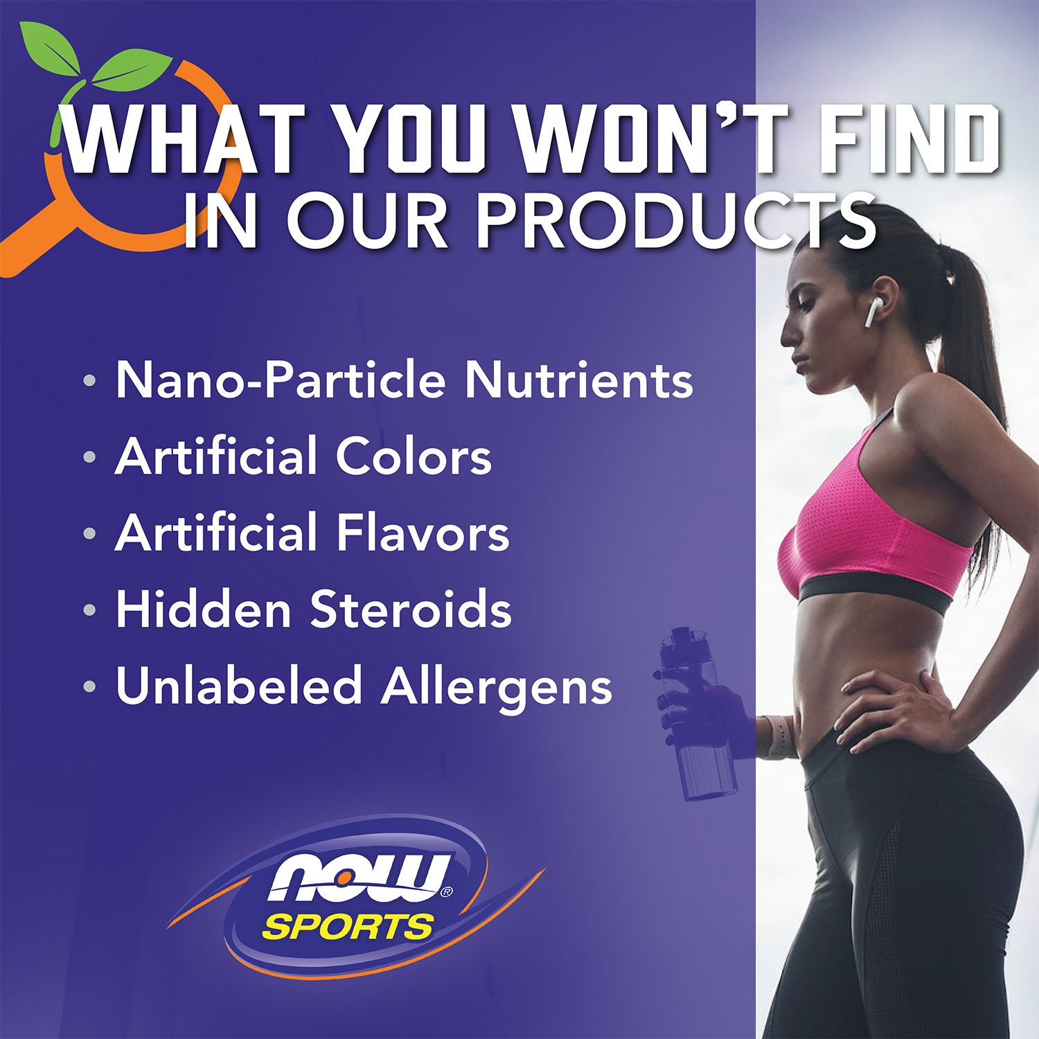 Sportlerin mit Text "What You Won't Find In Our Products" und Liste von Inhaltsstoffen.