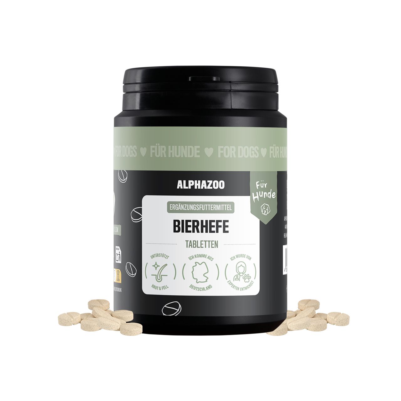 Alphazoo Bierhefe Tabletten für Hunde in schwarzer Dose, umgeben von Tabletten.