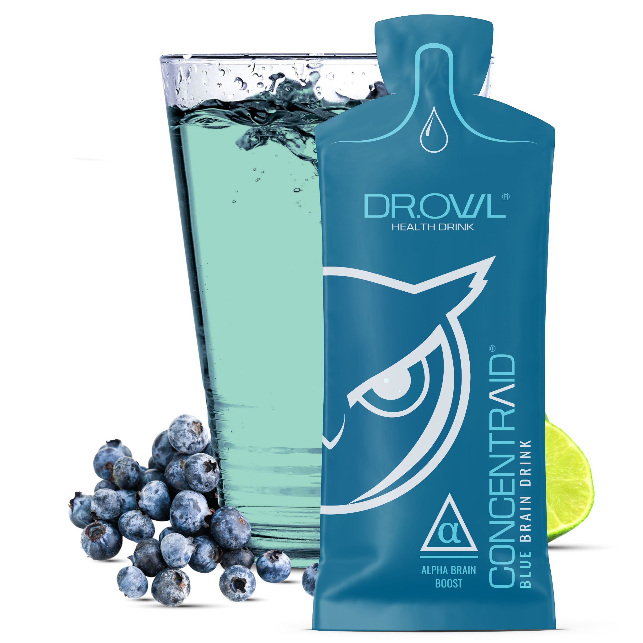 Blaues CONCENTRAID®-Getränk-Beutel neben Glas mit Getränk, Blaubeeren und Limettenscheibe. Logo: Eule. Marke: Dr.Owl.